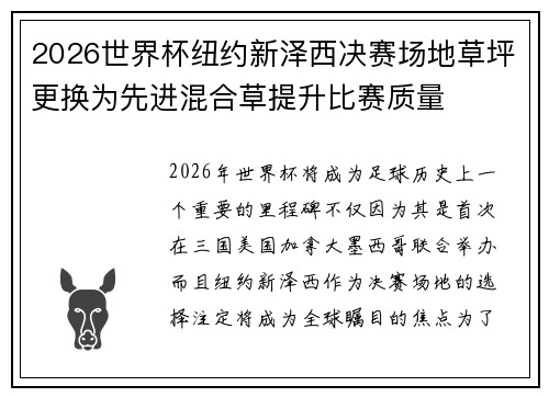 2026世界杯纽约新泽西决赛场地草坪更换为先进混合草提升比赛质量